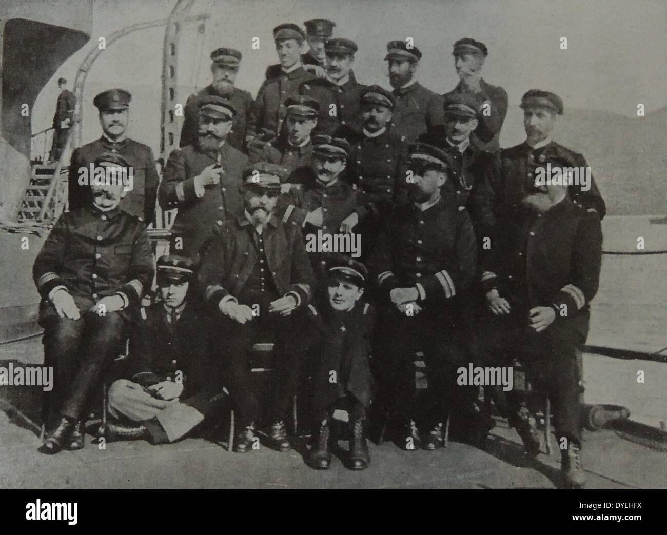 World War I - surviving officers and crew of the French battleship 'Bouvet' sinking near gallipoli 1915. In World War I, she escorted troop convoys from North Africa to France. She then joined the naval operations off the Dardanelles, where she participated in a major attack on the Turkish fortresses in the straits on 18 March 1915. During the attack, she struck a mine and sank within two minutes; only some 50 men were rescued from a complement of 710. Stock Photo