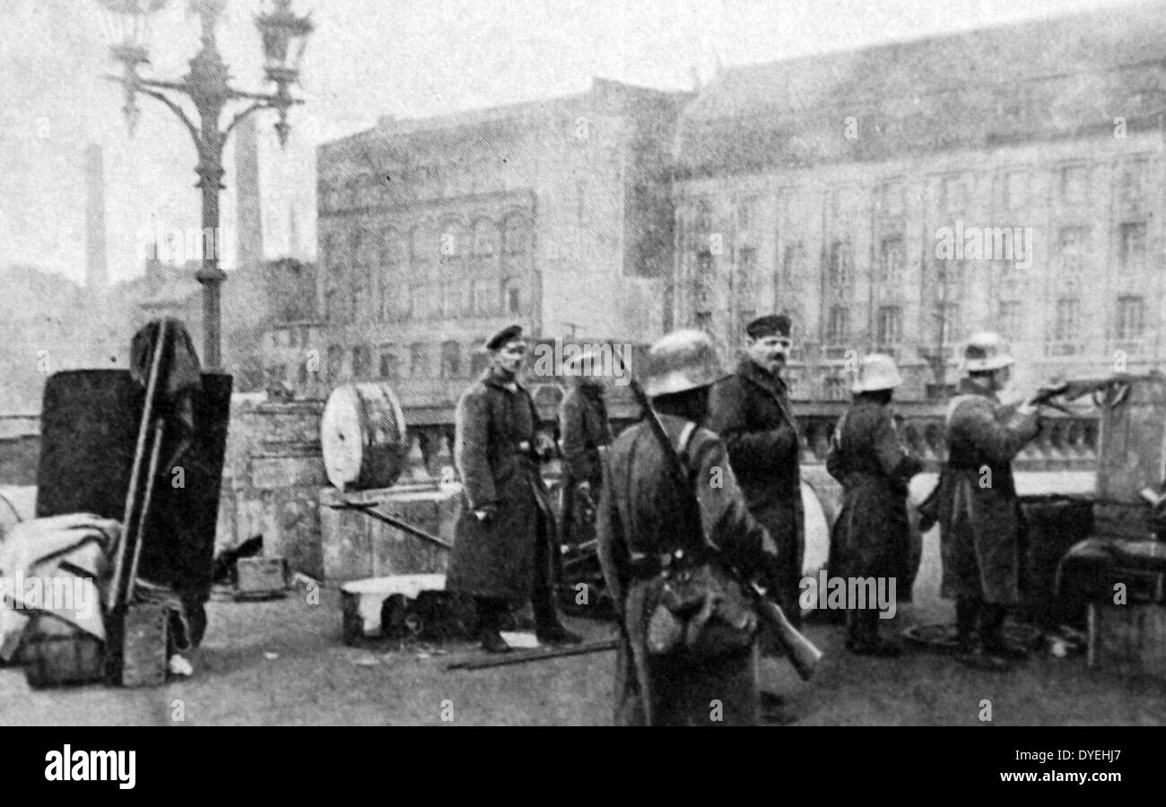 German government forces during the uprising of 1919. The Spartacist uprising (Spartakusaufstand), was a general strike and the armed battle in Germany from January 4 to January 15, 1919. Its suppression marked the end of the German Revolution. The name 'Spartacist uprising' is generally used for the event even though neither the 'Spartacist League' nor the Communist Party of Germany led this uprising; each participated only after popular resistance had begun. Stock Photo