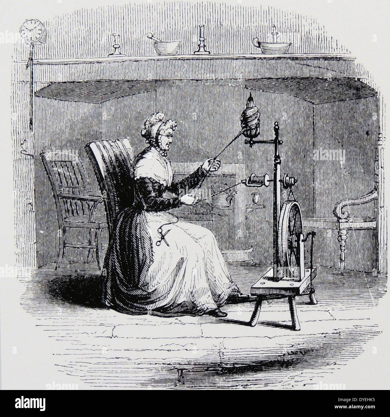 Woman From Ulster Ireland Spinning Flax Using A Treadle Operated