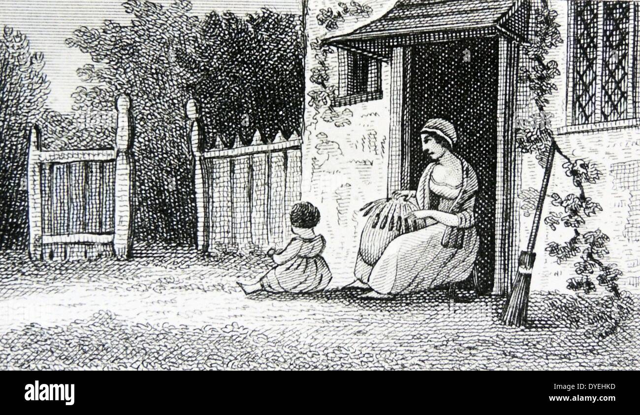 A cottager sitting by her front door making pillow lace, Buckinghamshire,  one of the main counties for making lace in England.  Engraving, Ongar, 1823. Stock Photo