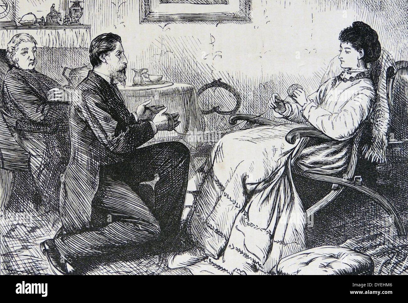 Young man holding a hank of knitting wool for his sweetheart to wind into a ball.  Illustration by Francis Arthur Fraser published London, 1870. Stock Photo
