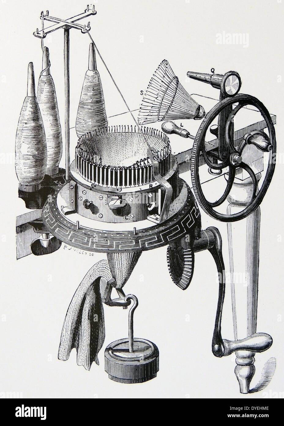 The ''Little Rapid'' home knitting machine which created at tubular web, introduced into Britain in 1871.  Engraving, London, 1872. Stock Photo