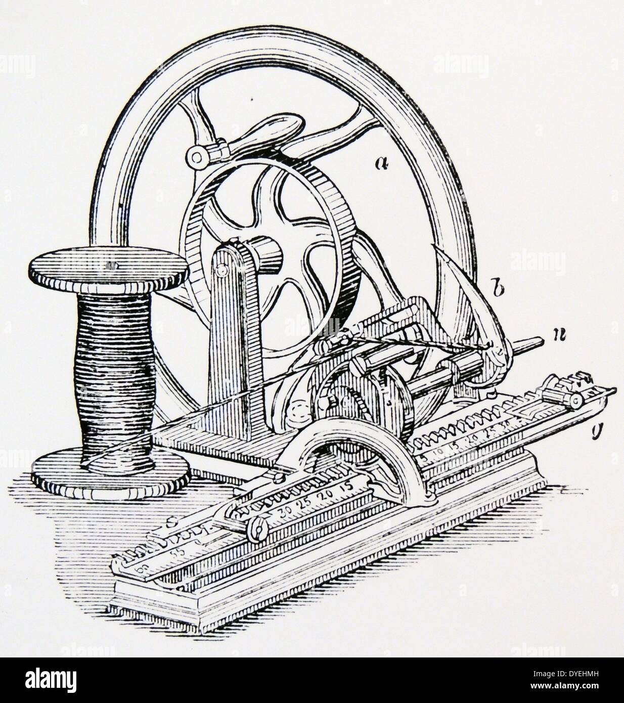 Hinckley's single-needle knitting machine. Loops were formed by a single needle and looper, and held on the teeth of a comb which was moved along one tooth at a time. Engraving, London, c1880. Stock Photo