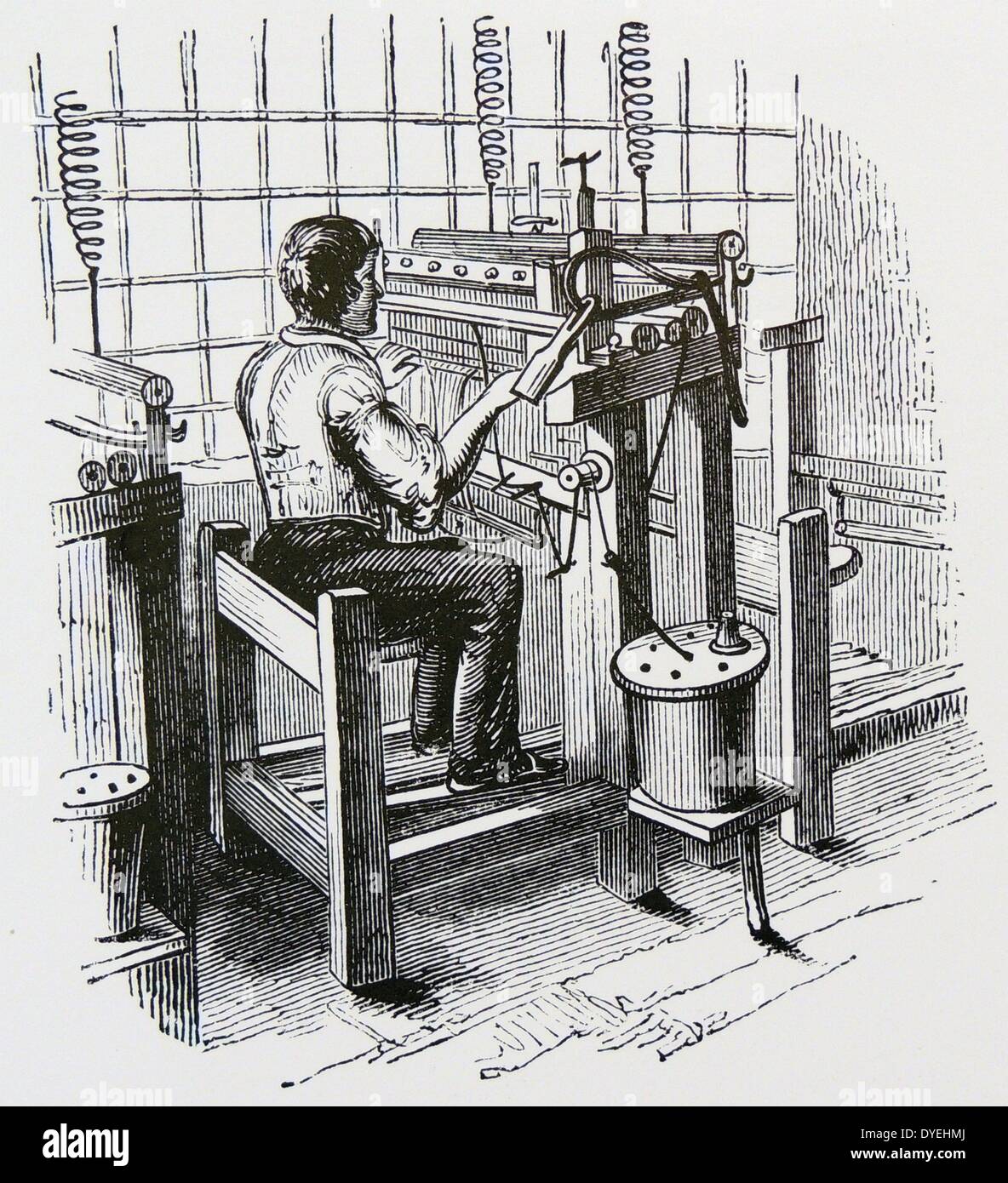 A Nottingham stocking weaver seated at a knitting frame.  Engraving published London, 1846. Stock Photo