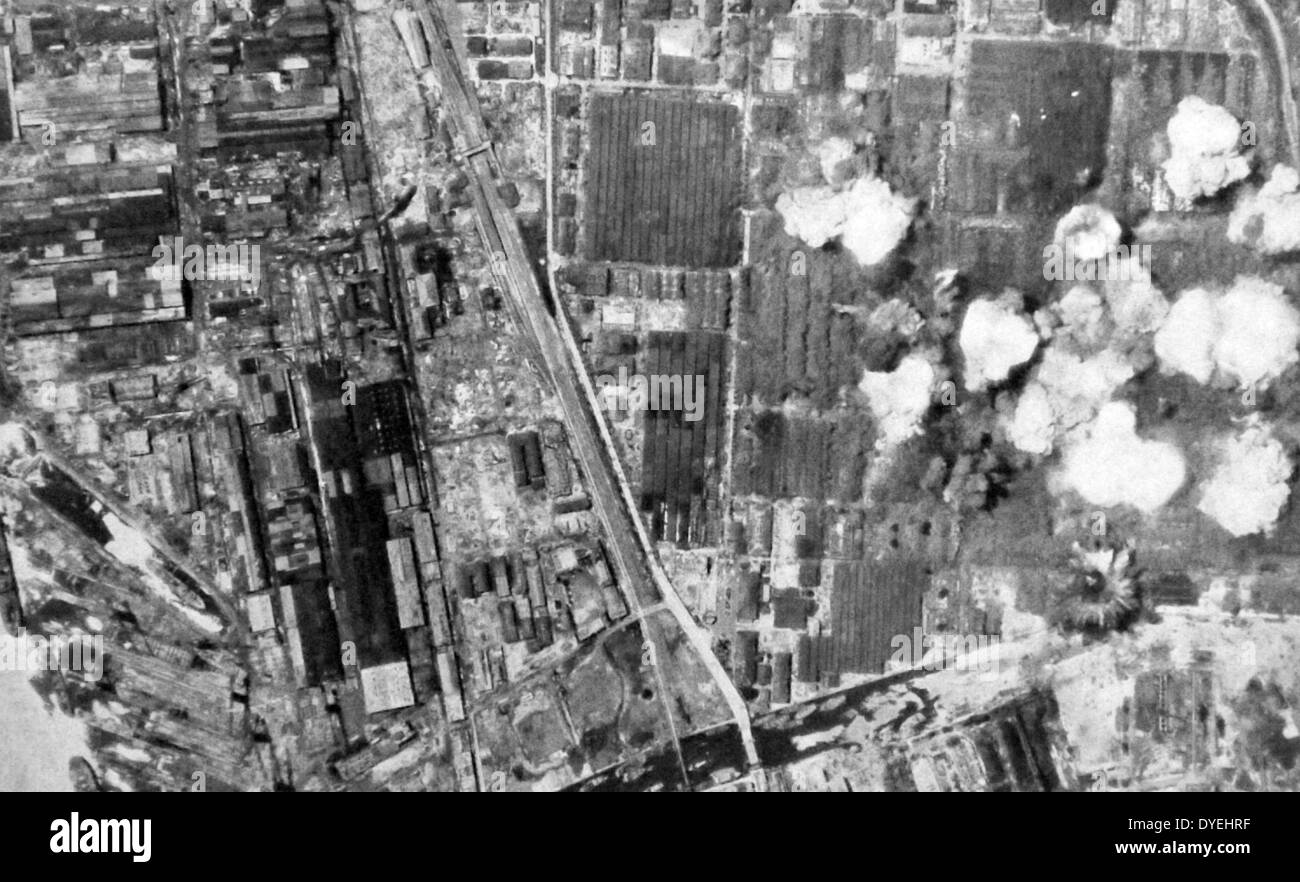 World War II US air bombardment of a Japanese industrial complex in