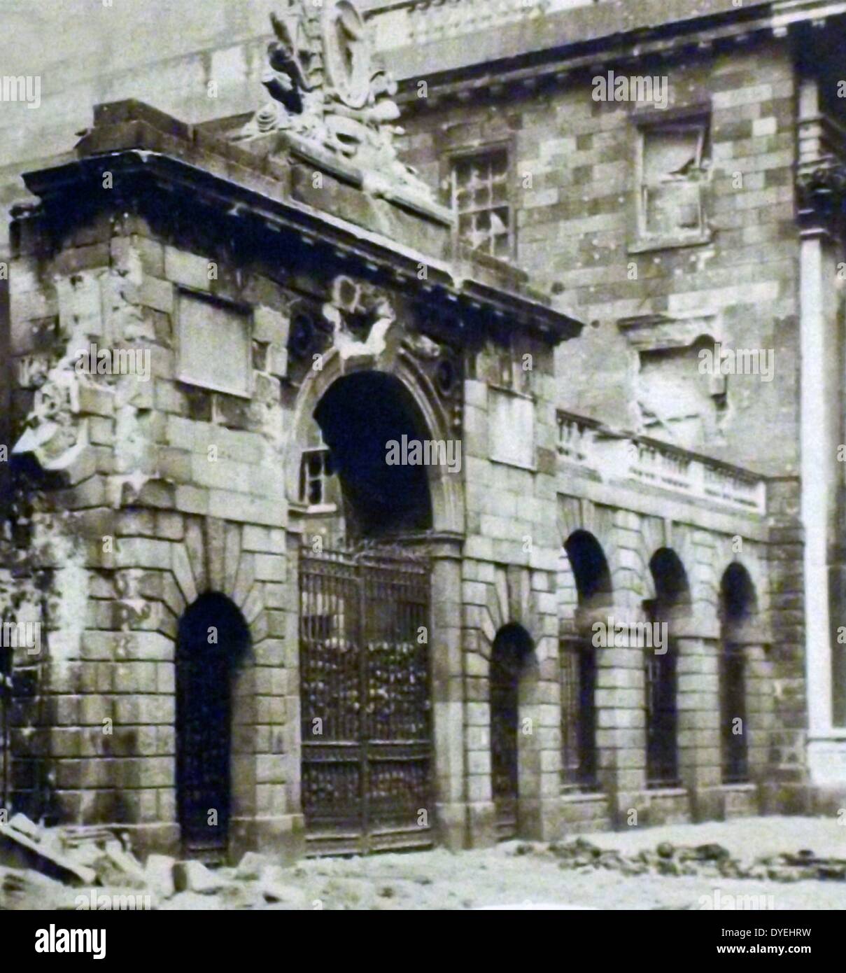 Destruction at the the Four Courts, during The Easter Rising also known as the Easter Rebellion, was an armed insurrection staged in Ireland during Easter Week, 1916. The Rising was mounted by Irish republicans with the aims of ending British rule in Ireland and establishing an independent Irish Republic. Early on Monday morning, 24 April 1916, roughly 1,200 Volunteers and Citizen Army members took over strongpoints in Dublin city centre. Stock Photo