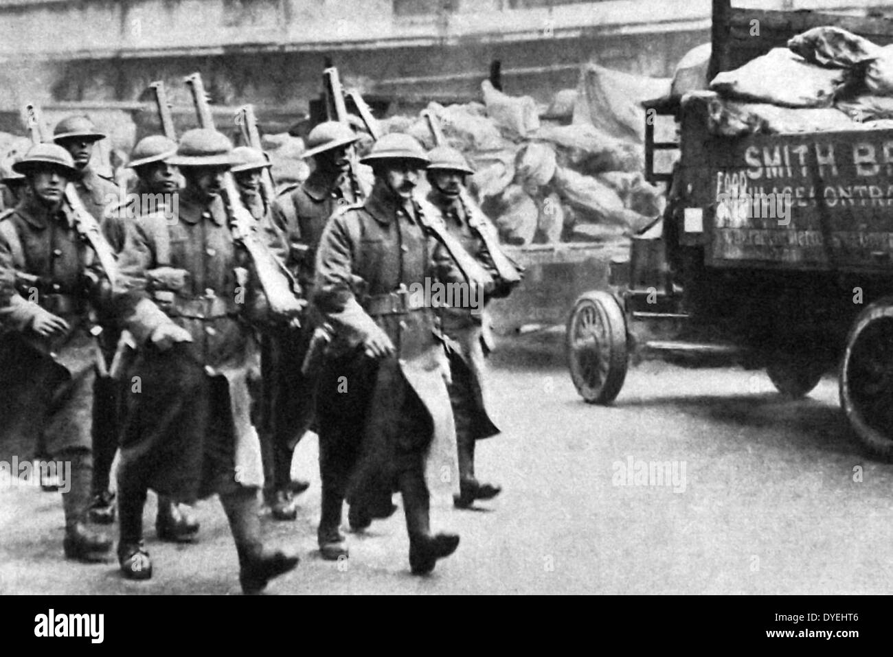 Soldiers are deployed during the The UK General Strike lasted nine days (May 3 to 12, 1926). The strike resulted in defeat for the unions. A long confrontation in the coal industry, with strikes and lockouts, had made no progress. To support the 800,000 striking miners the unions called out 1,750,000 workers. The government was well prepared and used middle class volunteers to provide basic services. Stock Photo