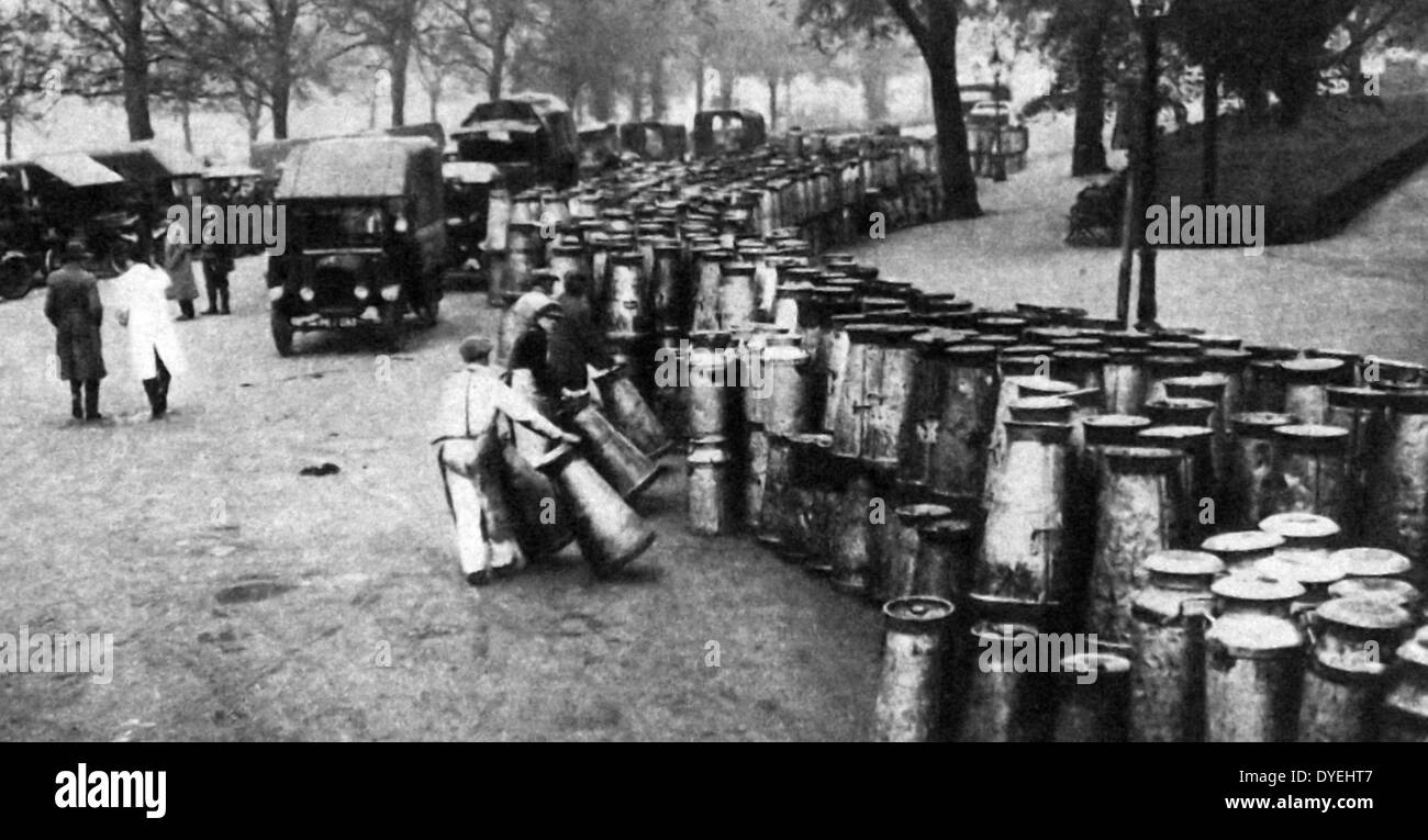Milk is loaded on to military vehicles during the The UK General Strike lasted nine days (May 3 to 12, 1926). The strike resulted in defeat for the unions. A long confrontation in the coal industry, with strikes and lockouts, had made no progress. To support the 800,000 striking miners the unions called out 1,750,000 workers. The government was well prepared and used middle class volunteers to provide basic services. Stock Photo