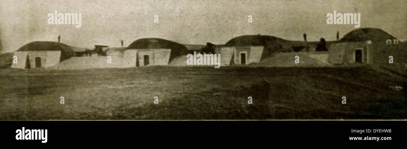 The fortifications of the North-Eastern part of the peninsula of Gallipoli: a battery of three Turkish bunkers defending the area. 1915. Stock Photo