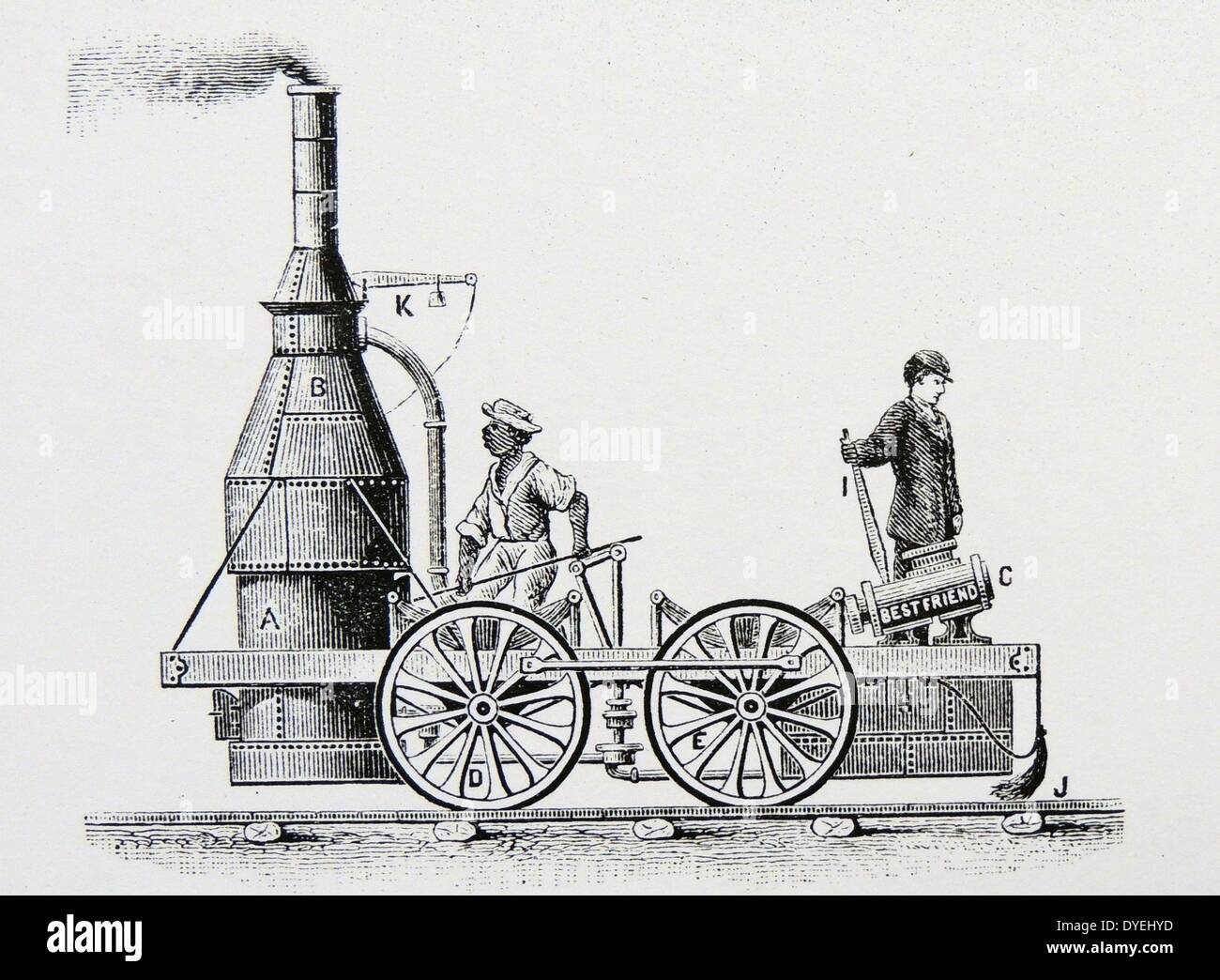 Best Friend of Charleston', locomotive built at the West Point Foundry from the Charleston & Hamburg Railroad, USA. Pulled the first train out of Charleston on Christmas Day 1830. Worked until its boiler exploded in 1831. Engraving, c1880. Stock Photo