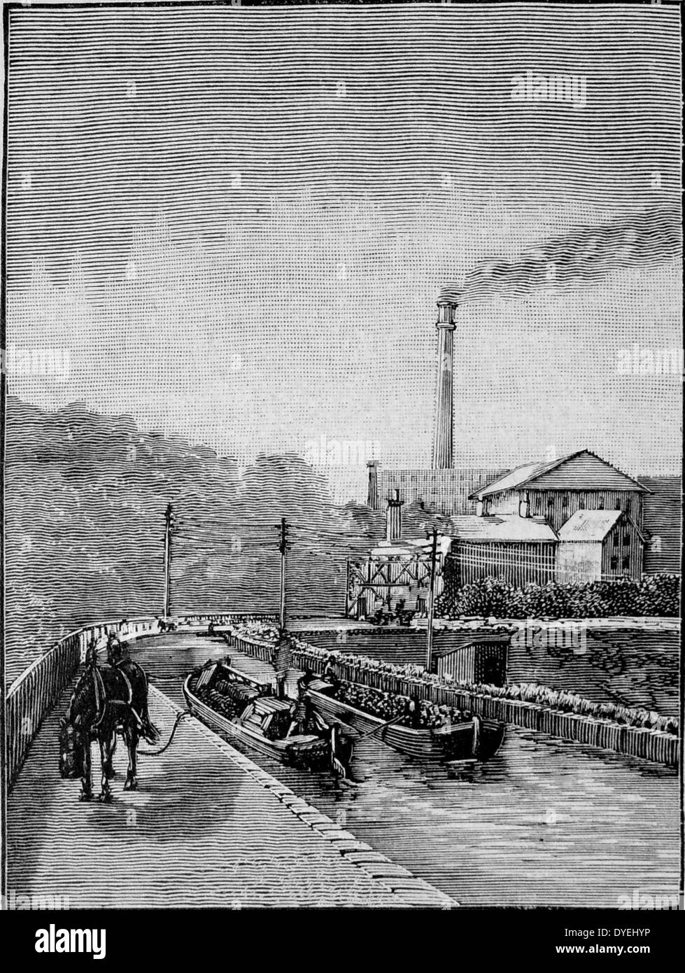 Horse-drawn barges crossing on the Barton viaduct over the river Irwell on the Duke of Bridgewater's canal, built by James Bindley. Engraving, London, 1892. Stock Photo