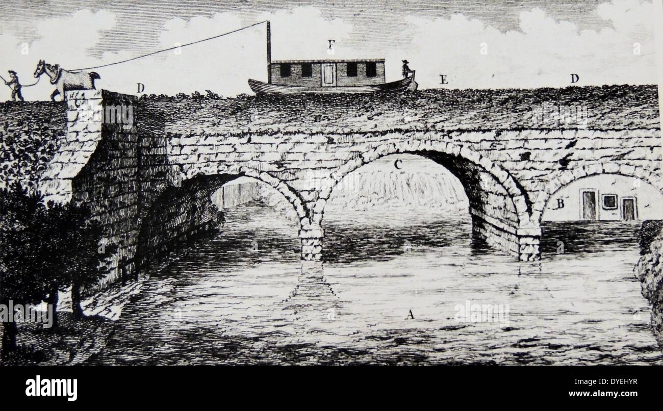 Aqueduct carrying the Duke of Bridgewater's canal over the River Irwell at Barton Bridge. Engineer, James Brindley. Engraving from ''A Six Months Tour Through the North of England'', London, 1770, by Arthur Young. Stock Photo