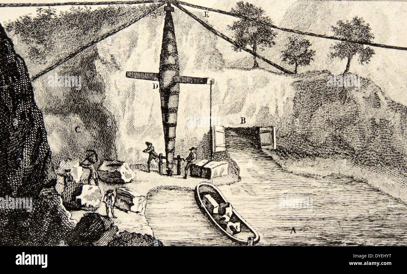 Entrance to the Worsley tunnel on the Duke of Bridgewater's Canal. Engineer, James Bindley. Building stone is being loaded onto a barge. Engraving from ''A Six Months Tour Through the North of England'', London, 1770, by Arthur Young. Stock Photo