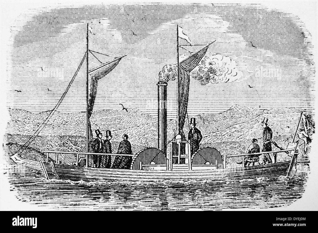 Experimental trip on Lake Dalswinton, Scotland in 1788 by Patrick Miller and William Symington (1763-1831) when they successfully tested Symington's first steamboat. The poet Robert Burns was a passenger on this trip. Engraving, London, c1880. Stock Photo