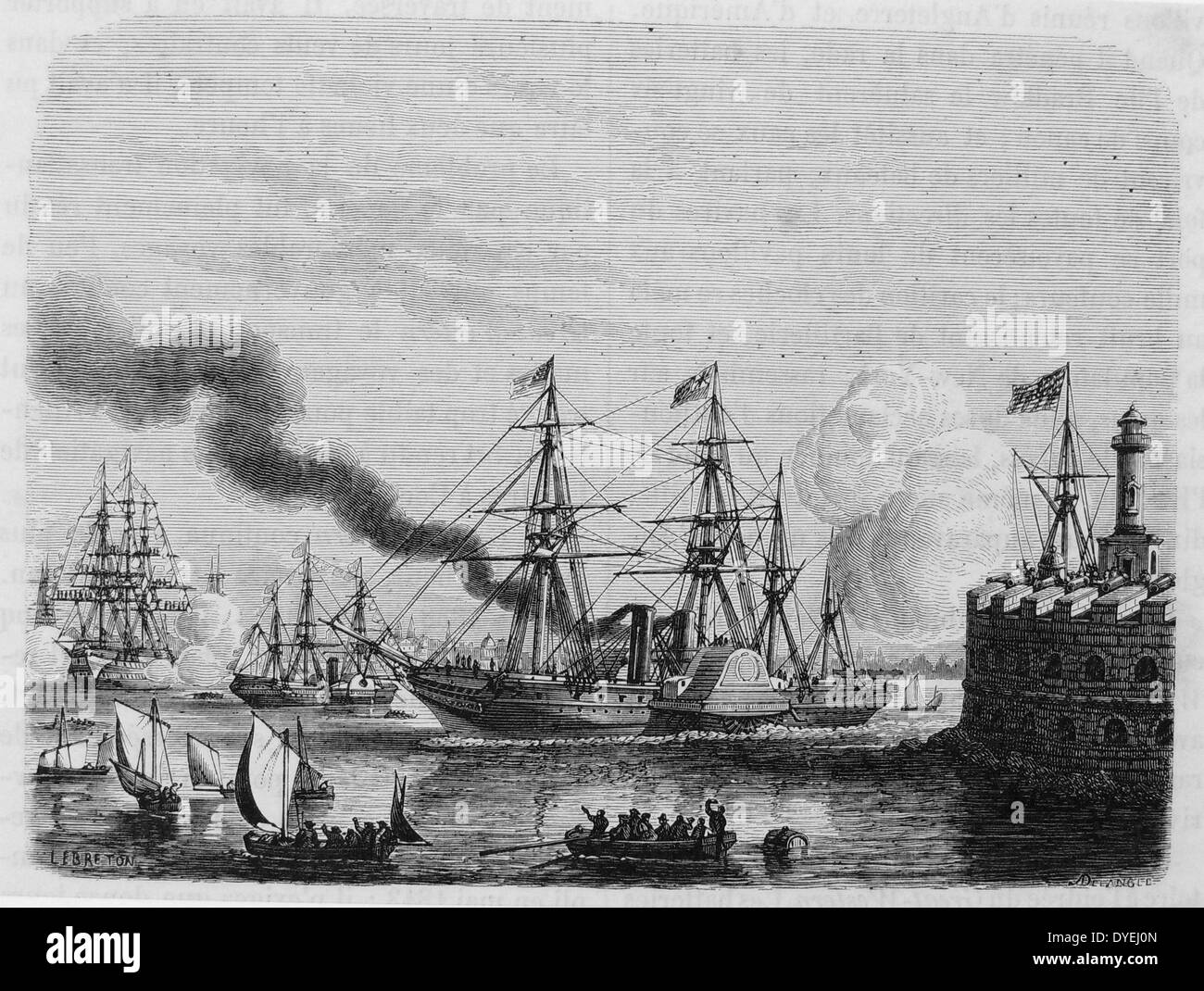 SS Great Western, centre, British steamship arriving in New York after her first Atlantic crossing. Designed by Isambard Kingdom Brunel. Engraving, Paris, c1870 Stock Photo
