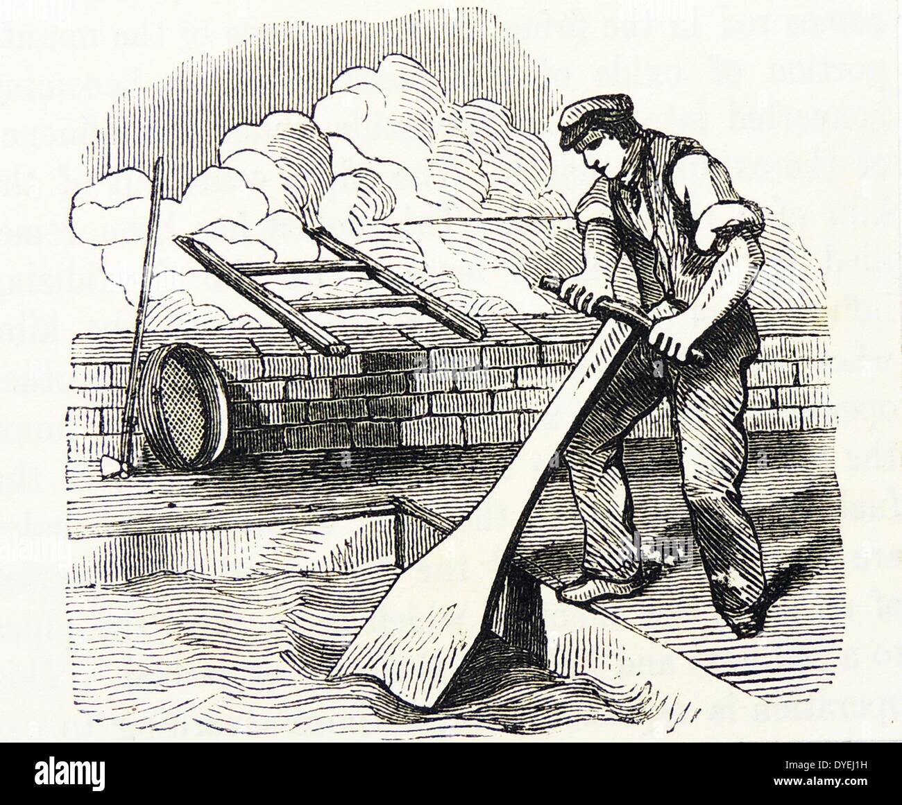 Pottery works, Staffordshire, England. Mixing clay slip with a blunger. Engraving, London, 1866. Stock Photo