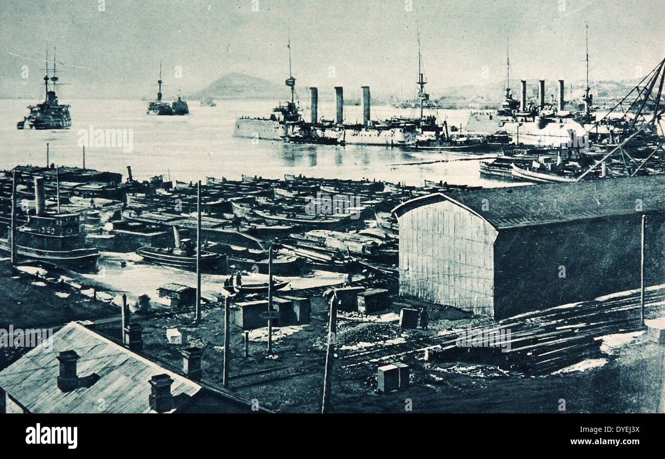 Royal Navy base in Vladivostock in Russia during the 1919 effort to assist forces opposed to communist takeover in Russia after the revolution. In 1918 Stock Photo