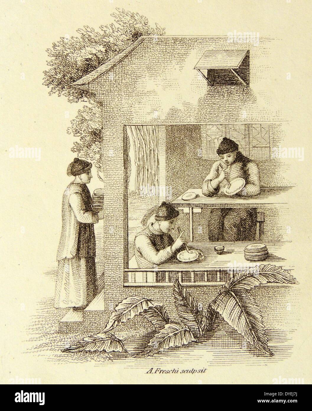 Chinese porcelain manufacture:  Men decorating plates. Stipple engraving, London, 1812. Stock Photo