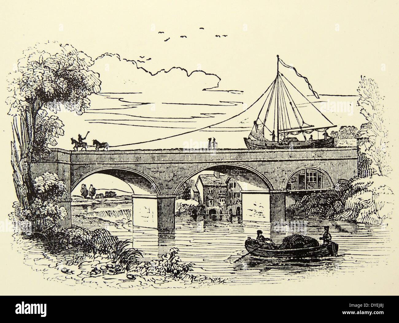 Horse-drawn barge crossing on the Barton viaduct over the river Irwell on the Duke of Bridgewater's canal, built by James Bindley. Engraving, London, 1836. Stock Photo