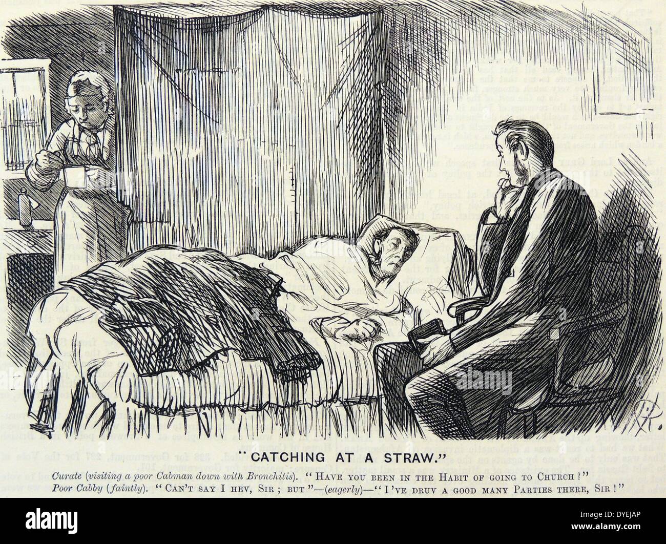 Curate paying a home visit to a London cabman suffering from bronchitis.  Cabmen were exposed to fogs 'London Particulars' and were in the open in all weathers.  Cartoon from ''Punch'', London, 1878. Stock Photo