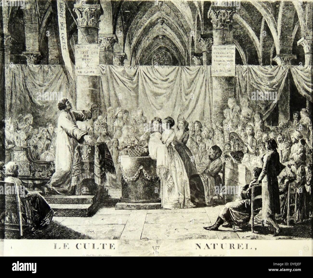 Le Culte naturel a French revolutionary illustration. 'Le Culte Naturel.' (The Natural Cult). replaces the Christian church with a Cult of Nature like the former church, it holds ceremonies of baptism (shown here). originates from: 'Directoire, consulat en empire. 1795-1815. Stock Photo