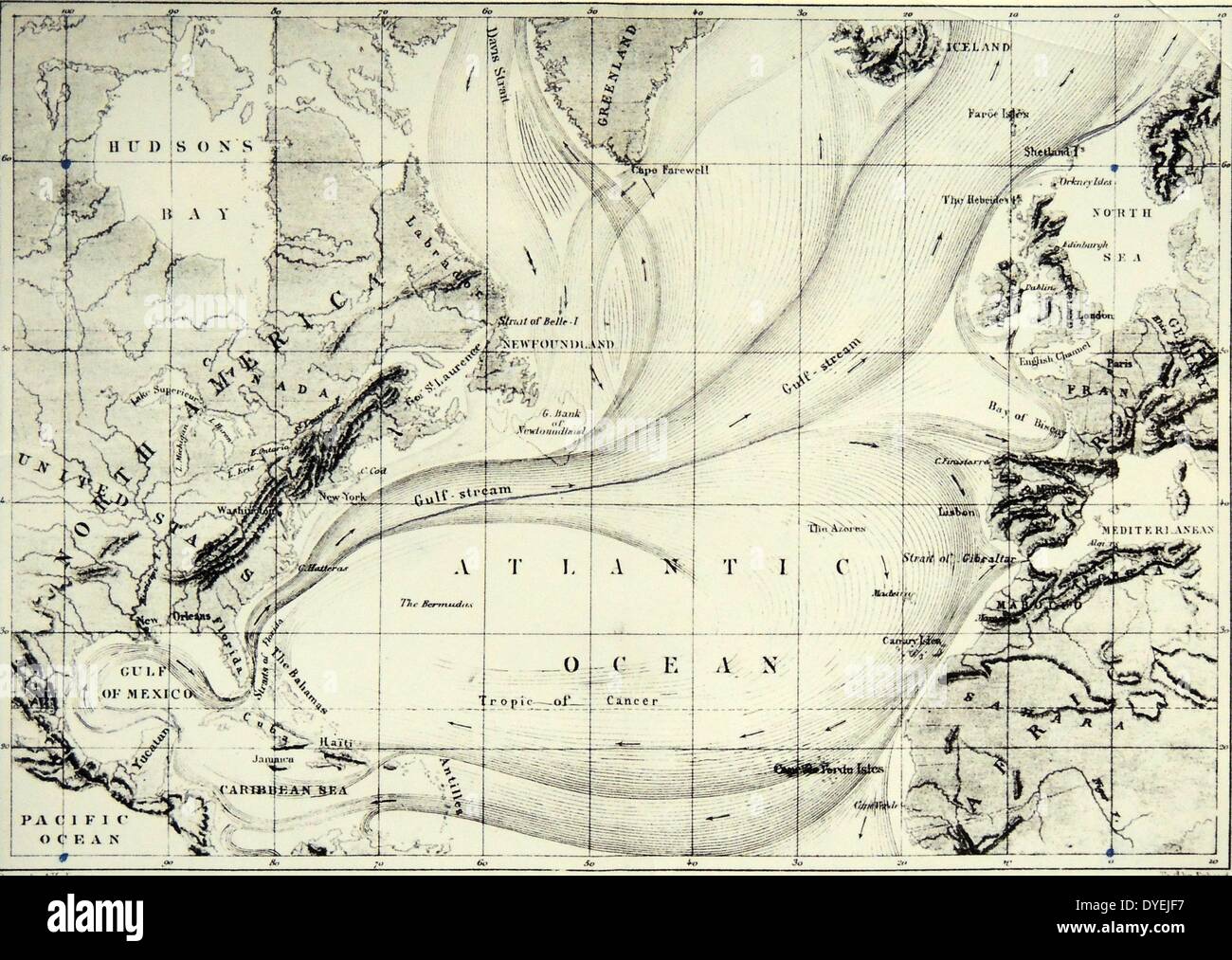 Map of the atlantic ocean showing the course of the Gulf Stream. From Elisee Reclus 'The Ocean atmosphere and life' 1873 Stock Photo