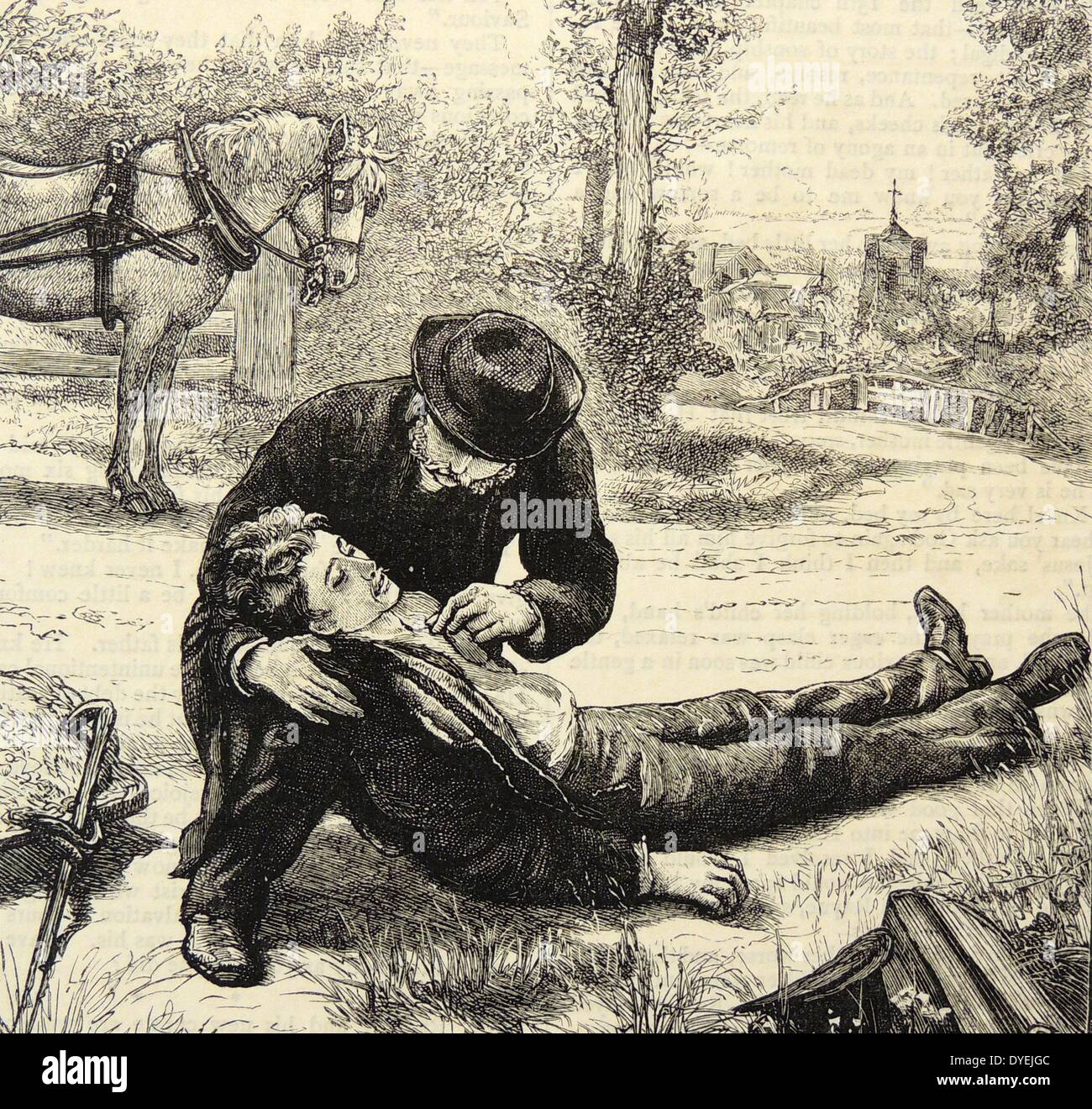 Wayfarer collapsing from hunger and fatigue being tended by the village Parson. Engraving