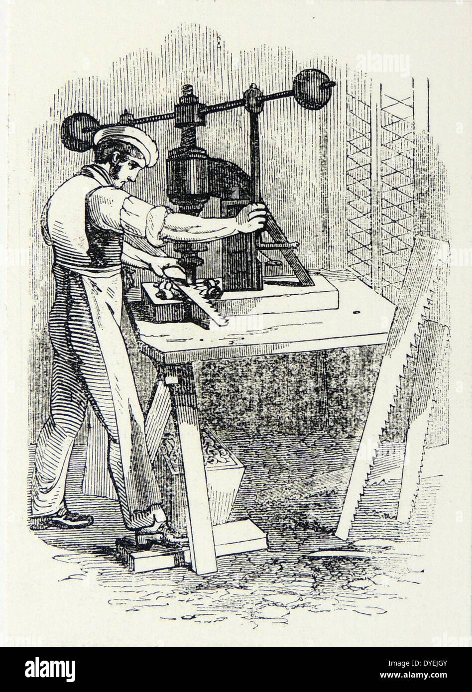 Saw making: cutting out the teeth of a steel saw, Sheffield, England. Engraving, London, 1844. Stock Photo