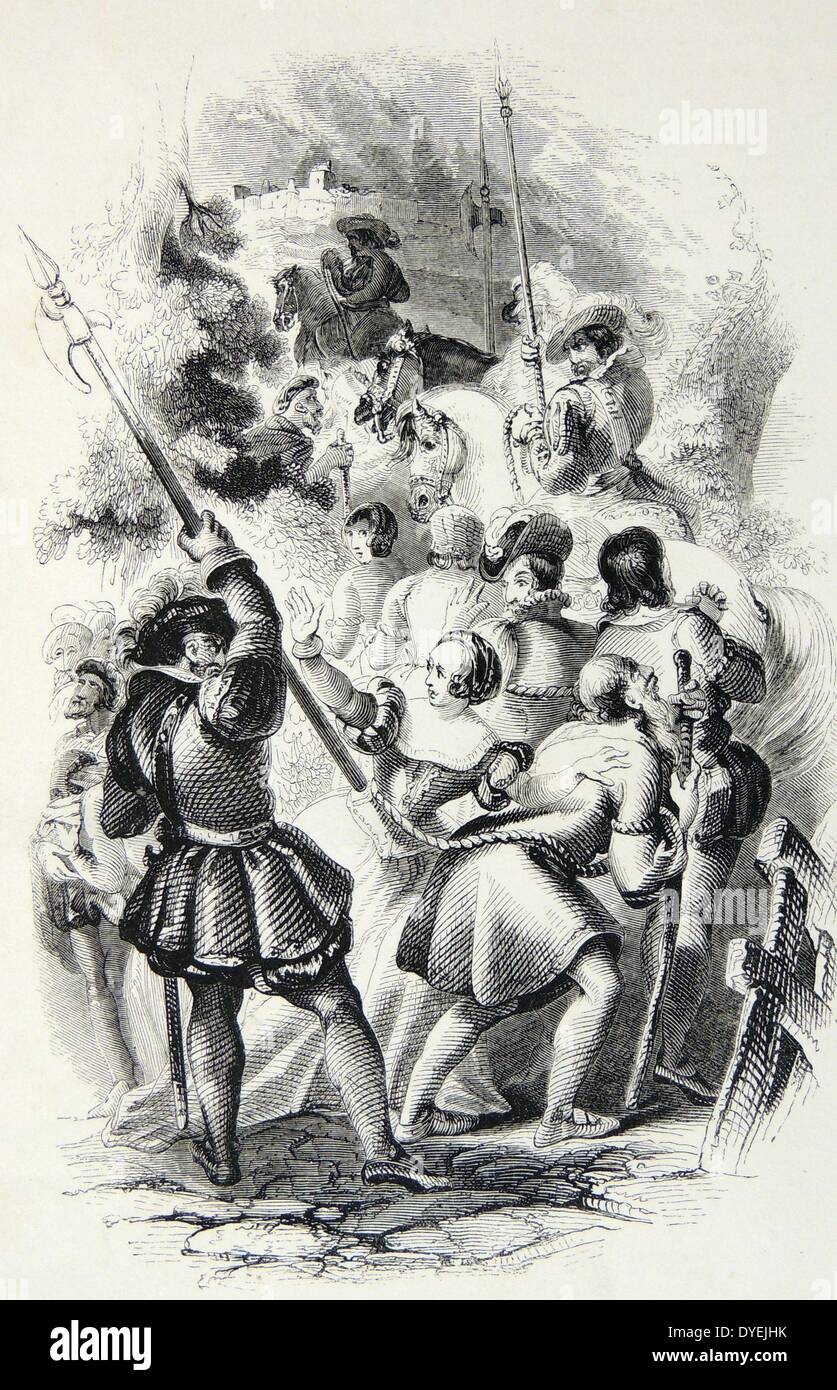 The Colchester Martyrs: During the reign of Roman Catholic Mary I of England, ten Protestant men and women from the Essex town of Colchester were burned at the Stake as heretics.  Engraving, c1860. Stock Photo