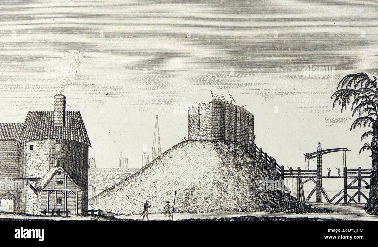 Clifford's Tower, York, England as it would have appeared in 1684 befoe the last garrison left. Eighteenth century engraving. Stock Photo