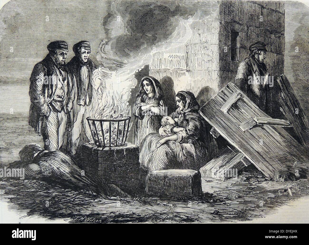 Hartley Colliery Pit Disaster, Northumberland, 16 January 1862.  Friends and families waiting at the pit head for news. Engraving, London, 1862. Stock Photo