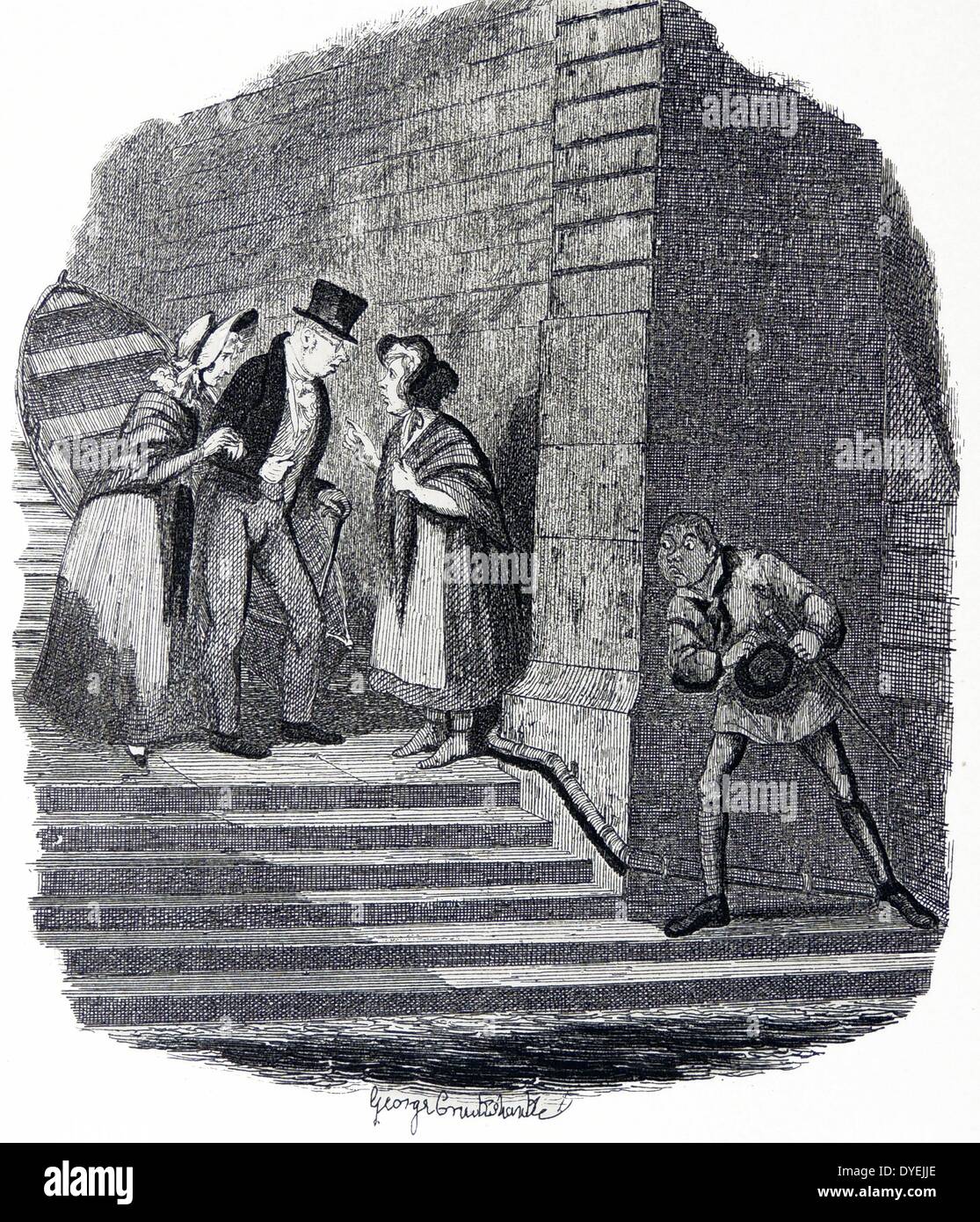 Nancy keeps her assignation with Rose Maylie and Mr Brownlow but is spied on by Claypole. George Cruikshank illustration for ''Oliver Twist'', Stock Photo
