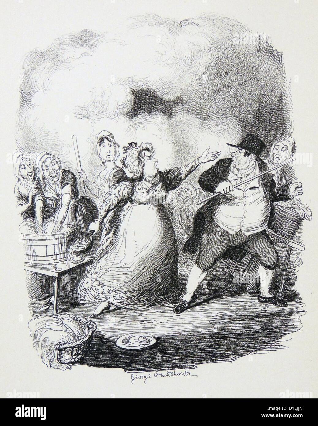 Mrs Bumble humiliates her husband, now Master of the Workhouse, in front of female inmates in the laundry. George Cruikshank illustration for ''Oliver Twist'', Stock Photo