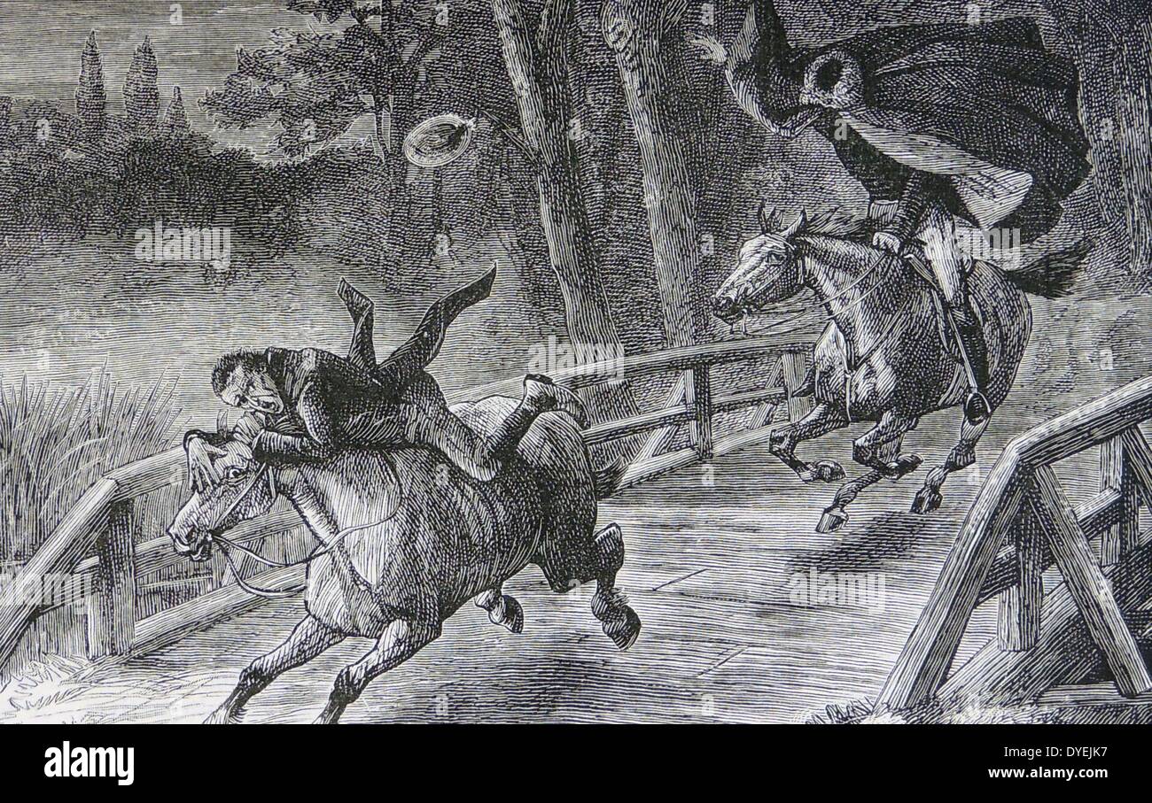 Ghosts: Ichabod terrified by the apparition of the Galloping Hessian. 1883 Illustration by W. Ralston for ''The Galloping Hessian'', short story by Washington Irving. Stock Photo