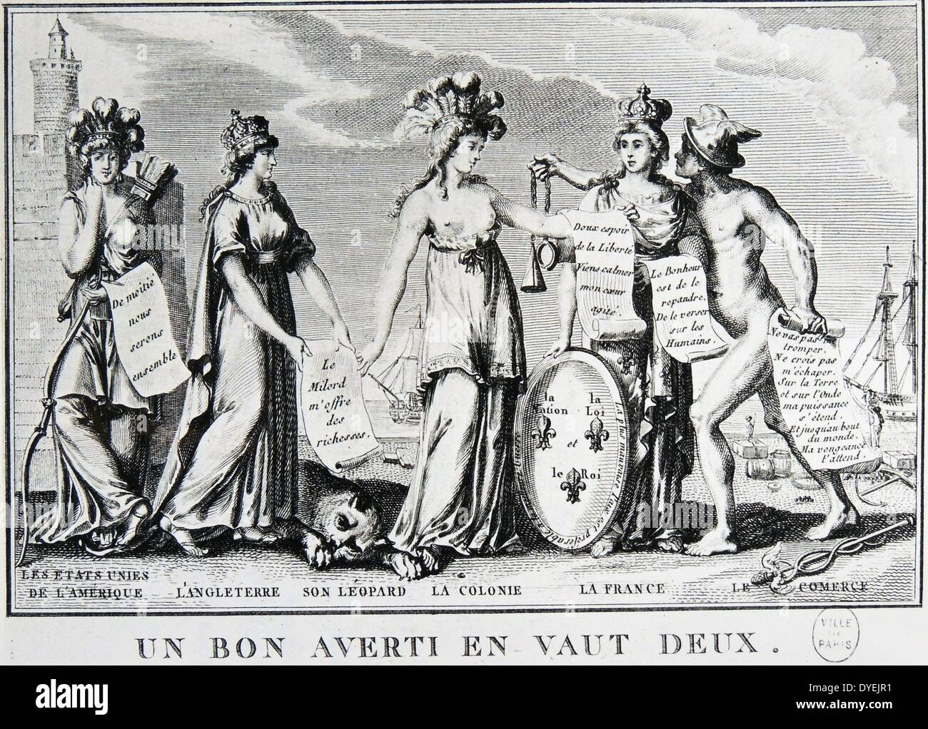 Un bon averti en vaut deux (Forewarned is forearmed), A French revolution allegory depicting America and England competing for the attention of France. 1789 Stock Photo