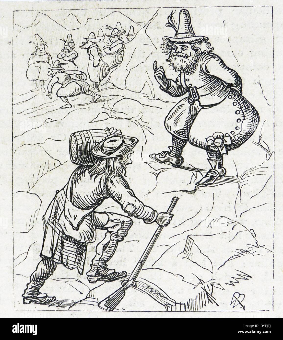 Rip Van Winkle meets the old man in the mountains, helps carry the liquor,  gets drunk and falls into his long sleep. Illustration for the story by  Washington Irving first published in
