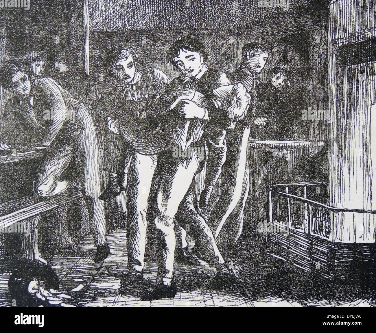 Tom roasted for refusing to let the bully Flashman have his Derby lottery ticket. Illustration for 1869 edition of ''Tom Brown's Schooldays by Thomas Hughes. Original edition 1857. Stock Photo