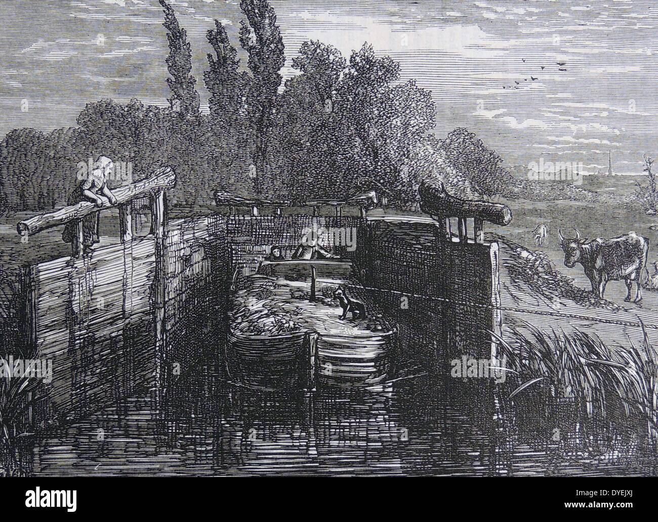 Barge passing through a pound lock. Typical scene on the Grand Junction