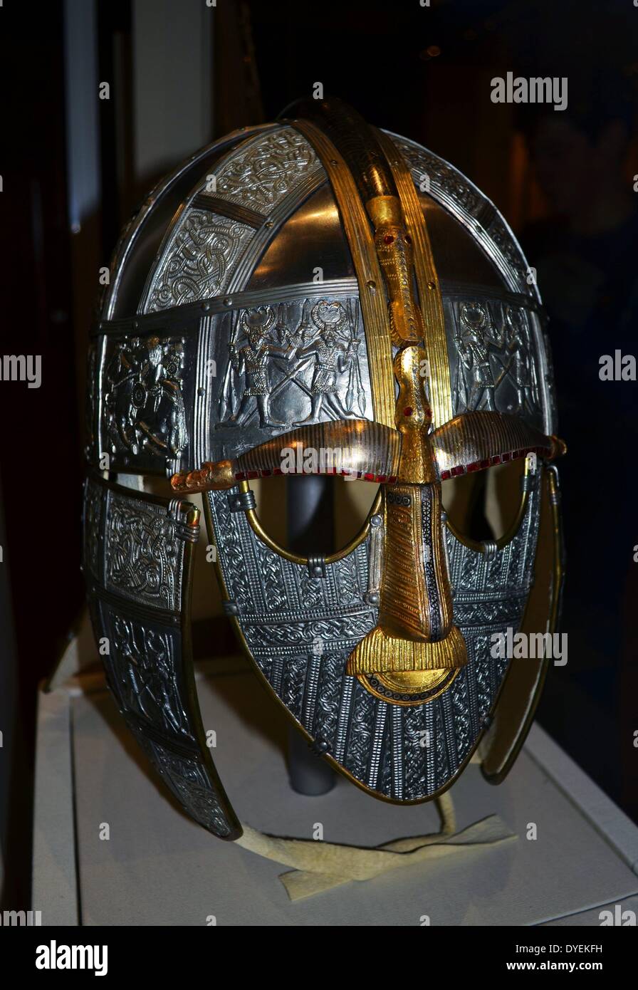 Replica of Sutton Hoo; ship-burial helmet 7th Century. The panels are decorated with interlacing Germanic Style II animal ornament and heroic scenes and motifs. Stock Photo
