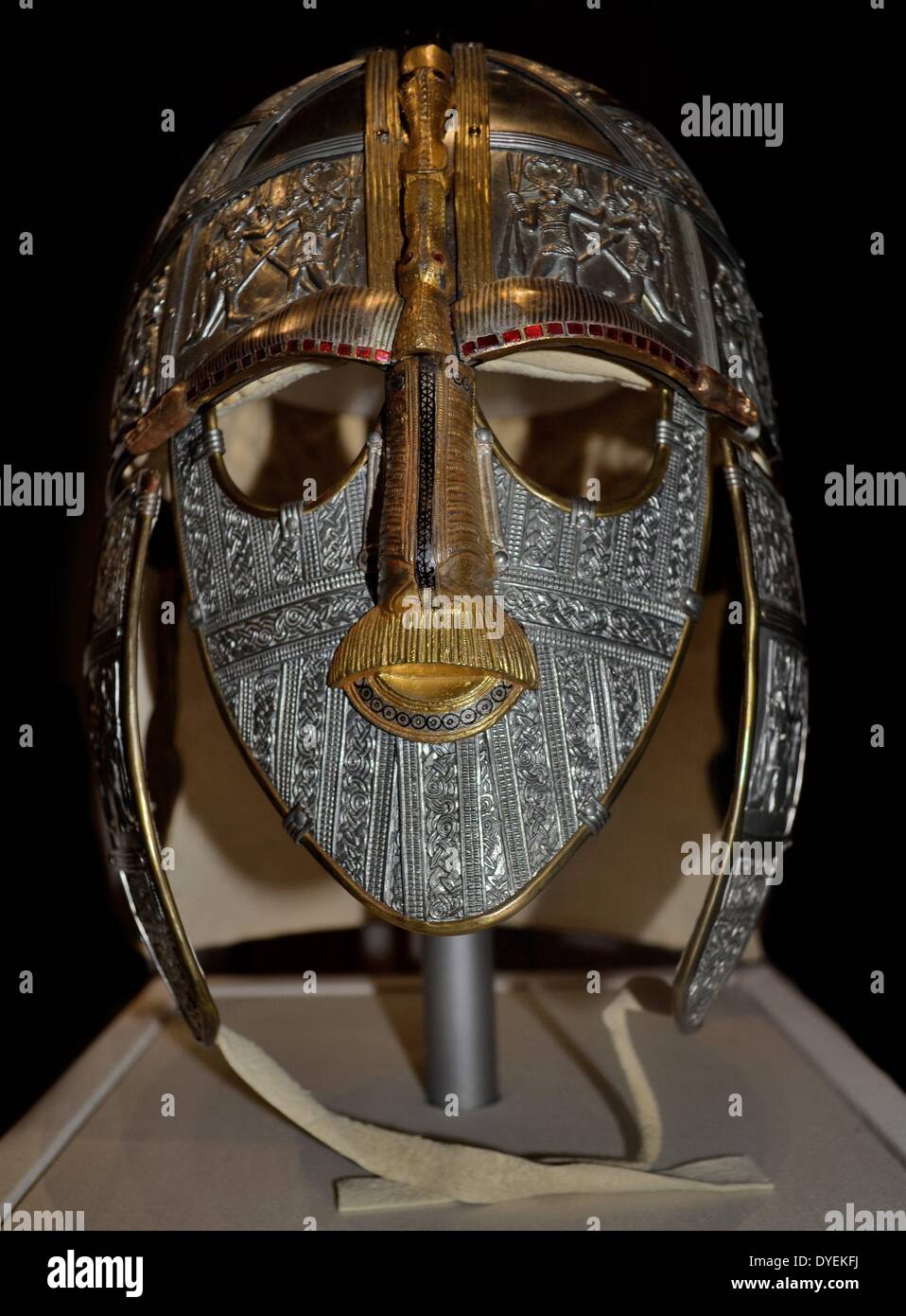 Replica of Sutton Hoo; ship-burial helmet 7th Century. The panels are decorated with interlacing Germanic Style II animal ornament and heroic scenes and motifs. Stock Photo