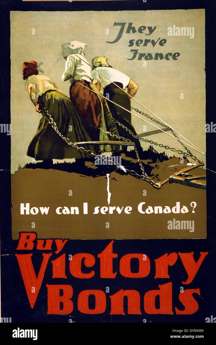 They serve France. How can I serve Canada? Buy victory bonds. Poster Adapted from a photograph by Brown Bros. 1915. Poster showing three women pulling a plough. Stock Photo