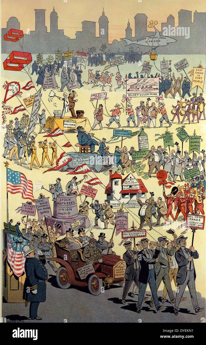 Labour day by Samuel Ehrhart, approximately 1862-1937, artist. Published in Puck, 1909. Illustration shows a parade of 'Workers' who work real hard at swindling honest working people of their hard earned money, as well as many gullible people easily duped while looking for an easy path to riches. Stock Photo