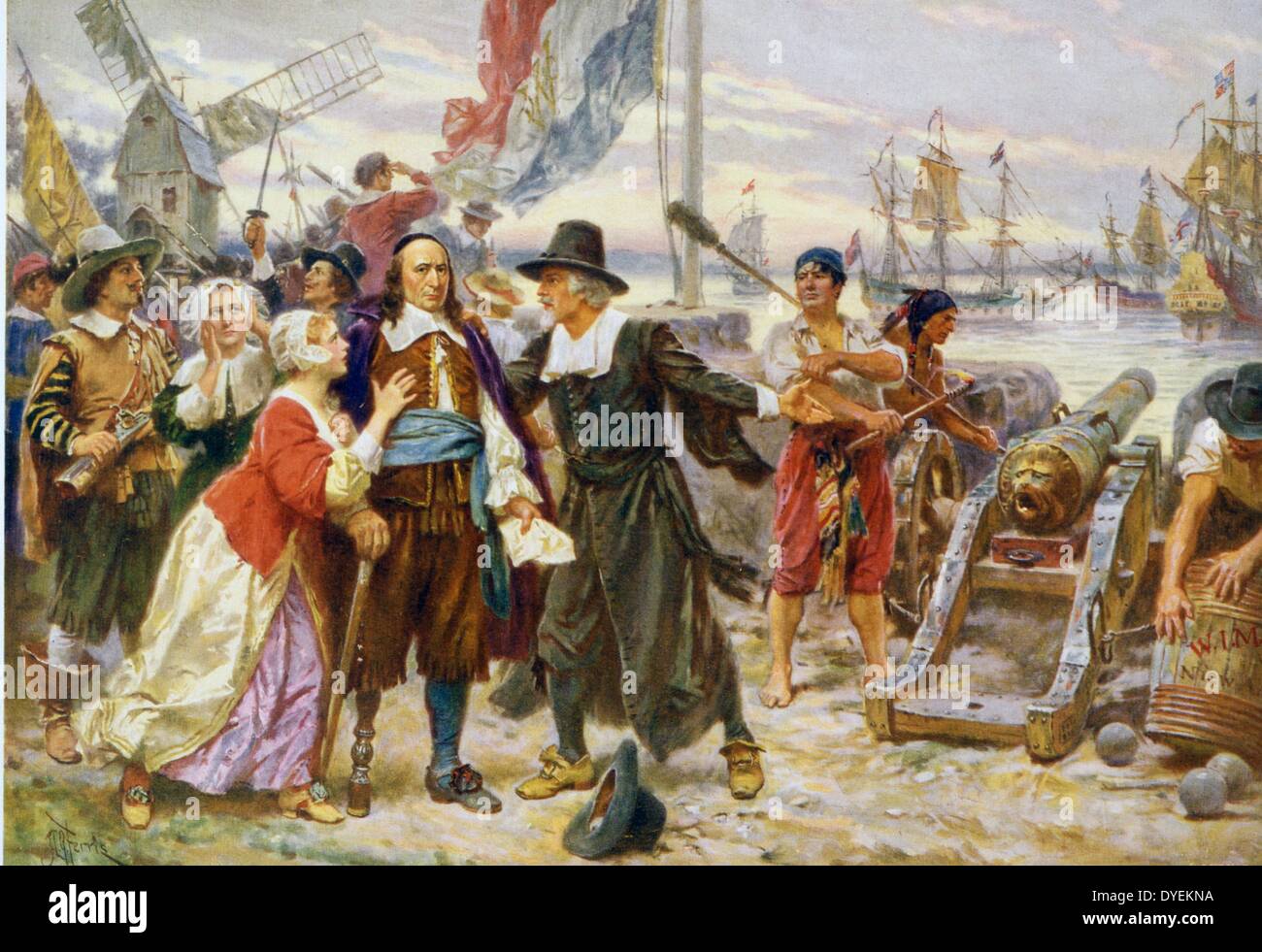 The fall of New Amsterdam by Jean Leon Gerome Ferris, 1863-1930, artist. Published 1932. Print shows Peter Stuyvesant, in 1664, standing on shore among residents of New Amsterdam who are pleading with him not to open fire on the British who have arrived in warships waiting in the harbour to claim the territory for England. Stock Photo