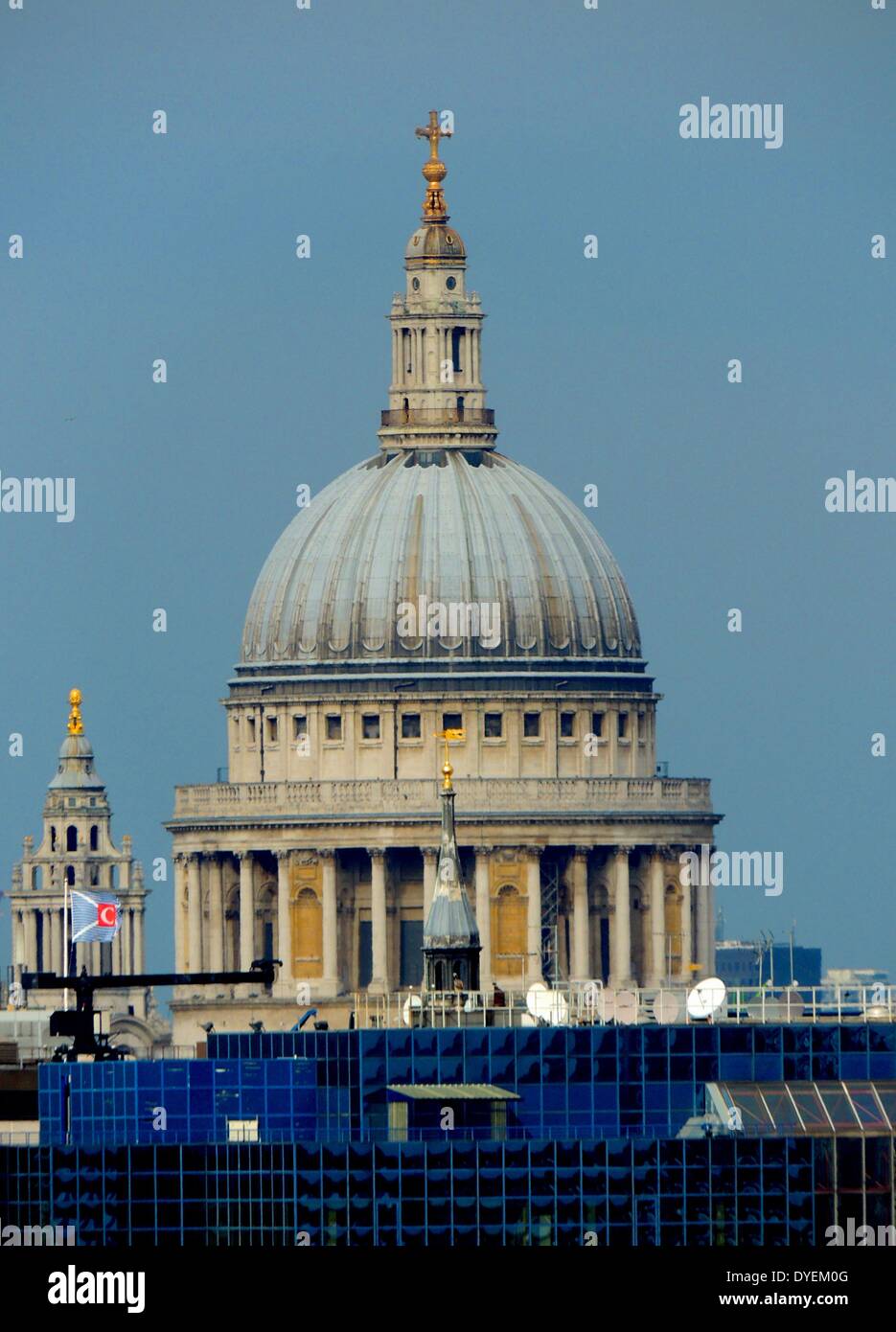 View of the Dome of St Paul's Cathedral from the Thames London 2013.  Church of England cathedral, the seat of the Bishop of London and mother church of the Diocese of London. Completed in 1720 in an English Baroque style. Stock Photo