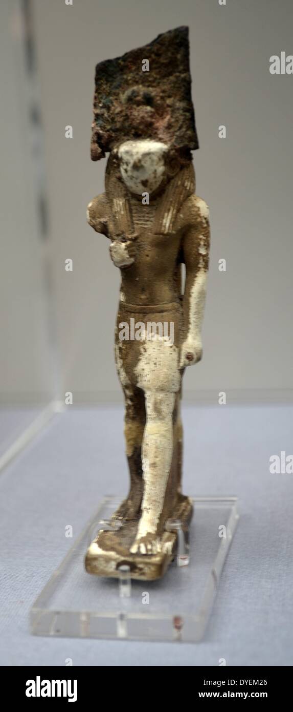 Faience Figure of the God Montu-Re 702 B.C. Inscribed on the figure is the name Shabaqo. Stock Photo
