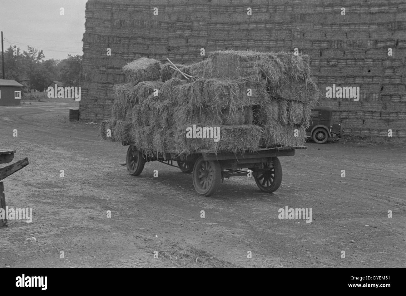 Baled straw to be used for making strawboard in the great depression, at Container Corporation of America, Circleville, Ohio. 1938 Summer. Stock Photo