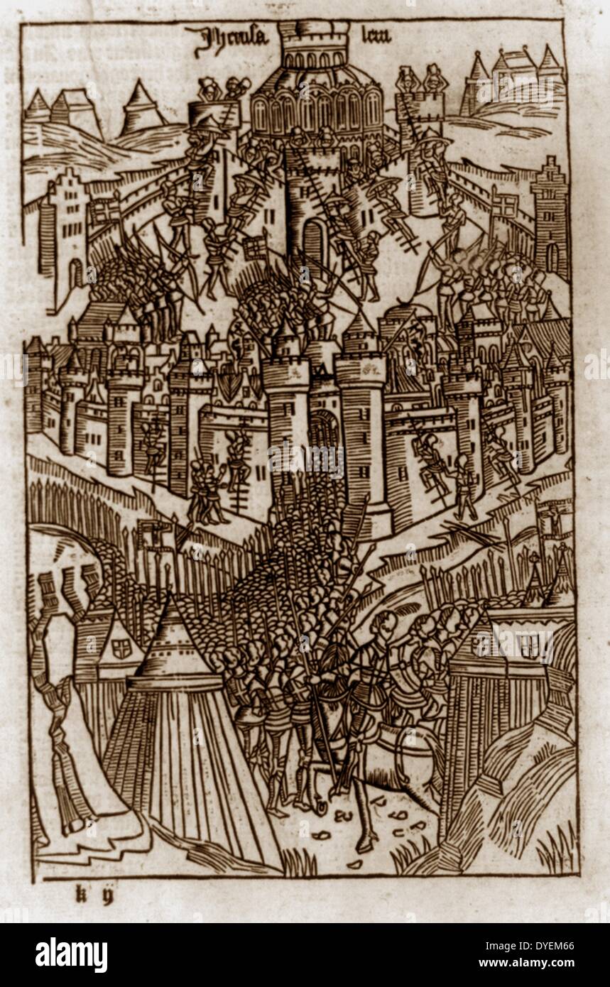 Siege of Jerusalem by Crusaders, 1099 Published ca. 1486. woodcut. Stock Photo