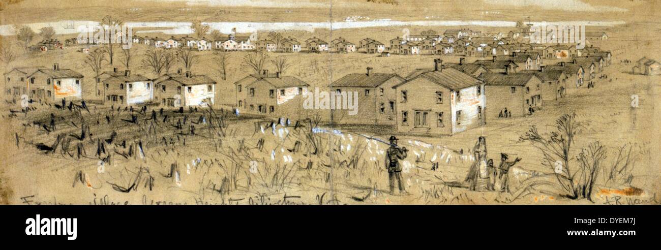 Freedman's (ex-slave) village--Greene Heights Arlington, Virginia. By Alfred Waud, 1828-1891, artist Published: [1864 April]. drawing on light olive paper : pencil and Chinese white Stock Photo