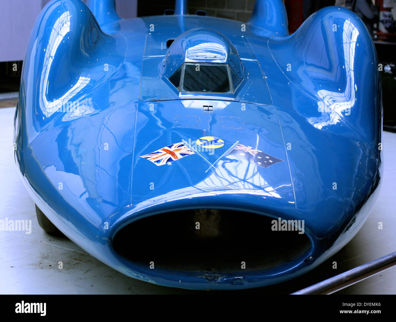 Donald Malcolm Campbell (23 March 1921 – 4 January 1967) British speed record breaker who broke eight absolute world speed records on water and on land in the 1950s and 1960s. Bluebird CN7 was the most advanced car in the world and was powered by a specially modified Bristol-Siddeley Proteus free-turbine engine, designed to achieve 475–500 mph and was completed by the spring of 1960.At the end of 1962, CN7 was shipped out to Australia ready for the new speed attempt in July 1964. he achieved speeds of 403.10 mph (648.73 km/h). Stock Photo