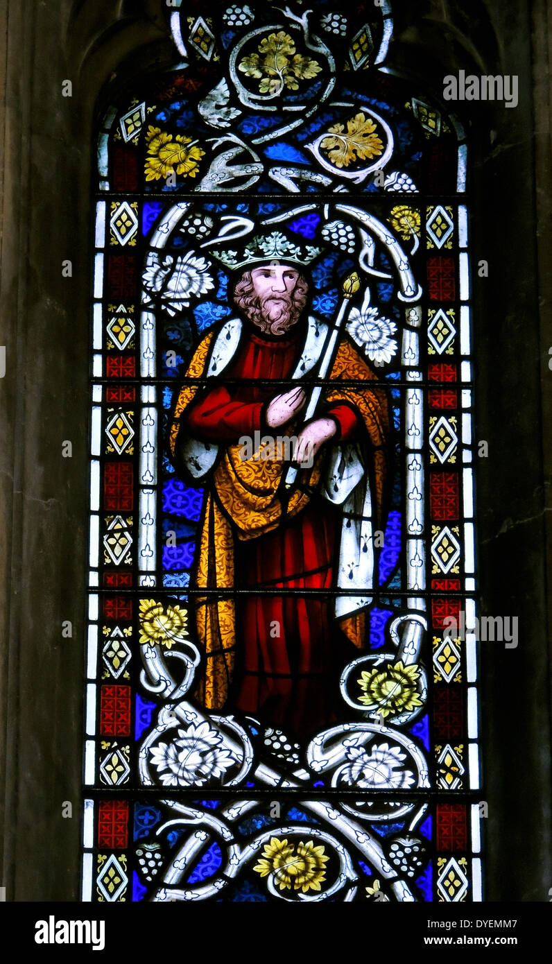 The stained glass 'east window' depicting King Hezekiah, Bristol cathedral, England. The window has been almost completely rebuilt and many of the panels are modern, but there are some original pieces. Stock Photo